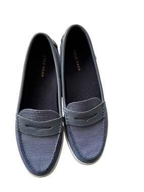 Cole Haan Navy Croc-Texture Penny Loafers